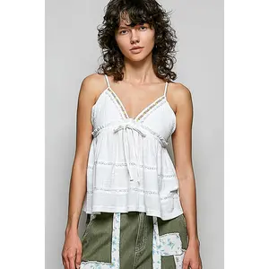 POL V-Neck Embroidered Trim Ruffled Cami