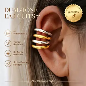 luck jewelry Female Stainless Steel Geometric Ear Cuff, No Piercing Clip Earrings, Adjustable Tarnish-Resistant Fashion