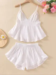 Women's Contrast Lace Cami Top & Ruffle Hem Shorts Pyjama Two-Piece Set, Backless Spaghetti Strap V Neck Camisole & Elastic Waist Shorts PJ Set, Women's Sleepwear for All Seasons