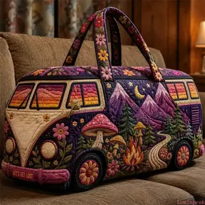 Boho Hippie Style Quilted Duffel Bag Featuring Purple Mountain Mushroom Print, Spacious Overnight Carry Tote Bag, Practical Large Capacity Handbag Fit For Gym Camping Vacation Road Trips And Weekend Outdoor Outings