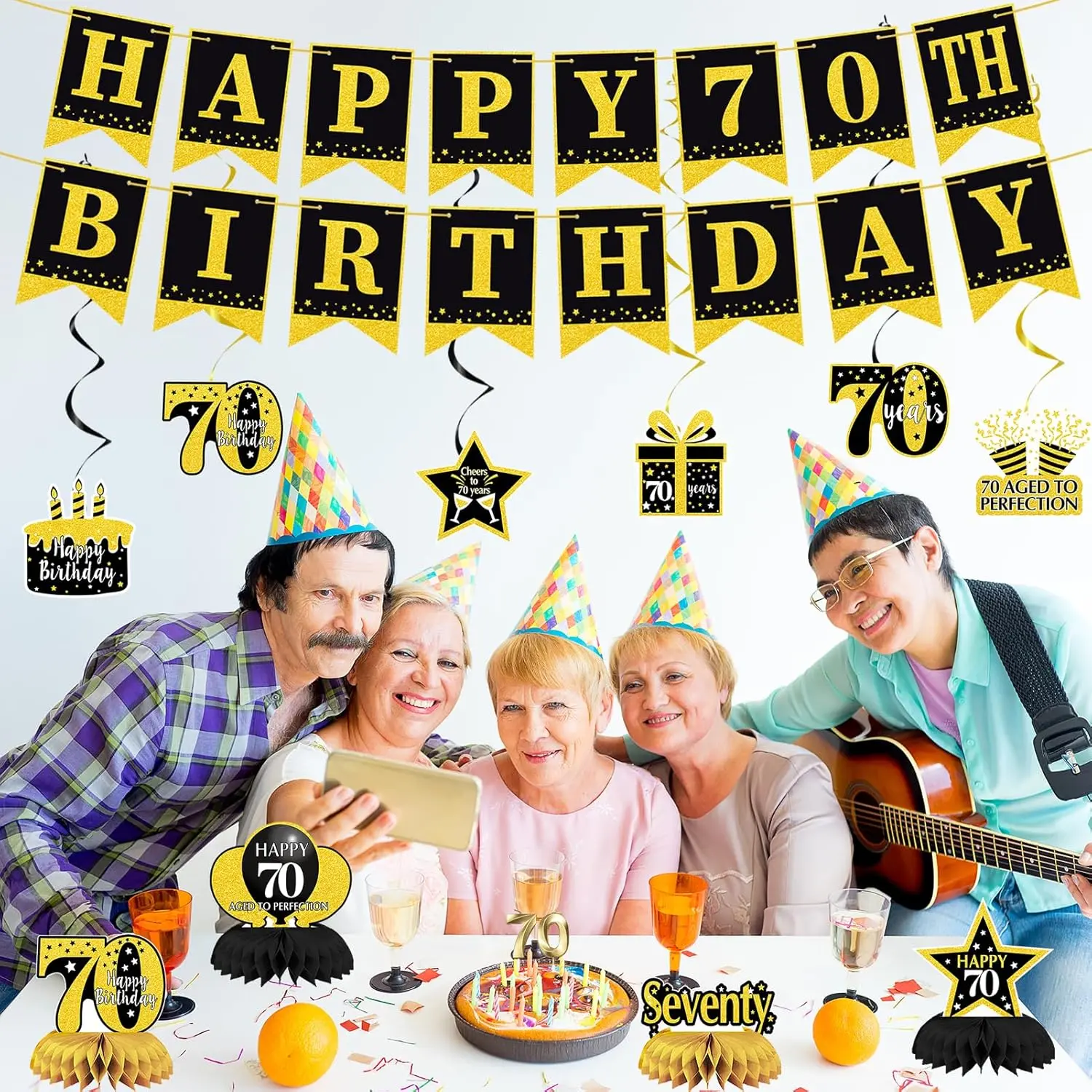 70th Birthday Decorations for Men Women 22pcs Black Gold Party Supplies Banner Hanging Swirl Flags Sash Pompoms Balloons 70 Year Old Party Decorations Set Unisex Gifts