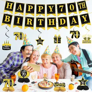 70th Birthday Decorations for Men Women 22pcs Black Gold Party Supplies Banner Hanging Swirl Flags Sash Pompoms Balloons 70 Year Old Party Decorations Set Unisex Gifts