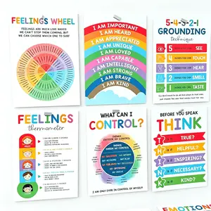 12 Calming Corner Posters (10"x14") | Feelings Wheel Chart & Emotions Poster for Kids | Calm Down Corner Supplies for Preschool Homeschool Classroom | Therapy Office Decor & Teacher Gift