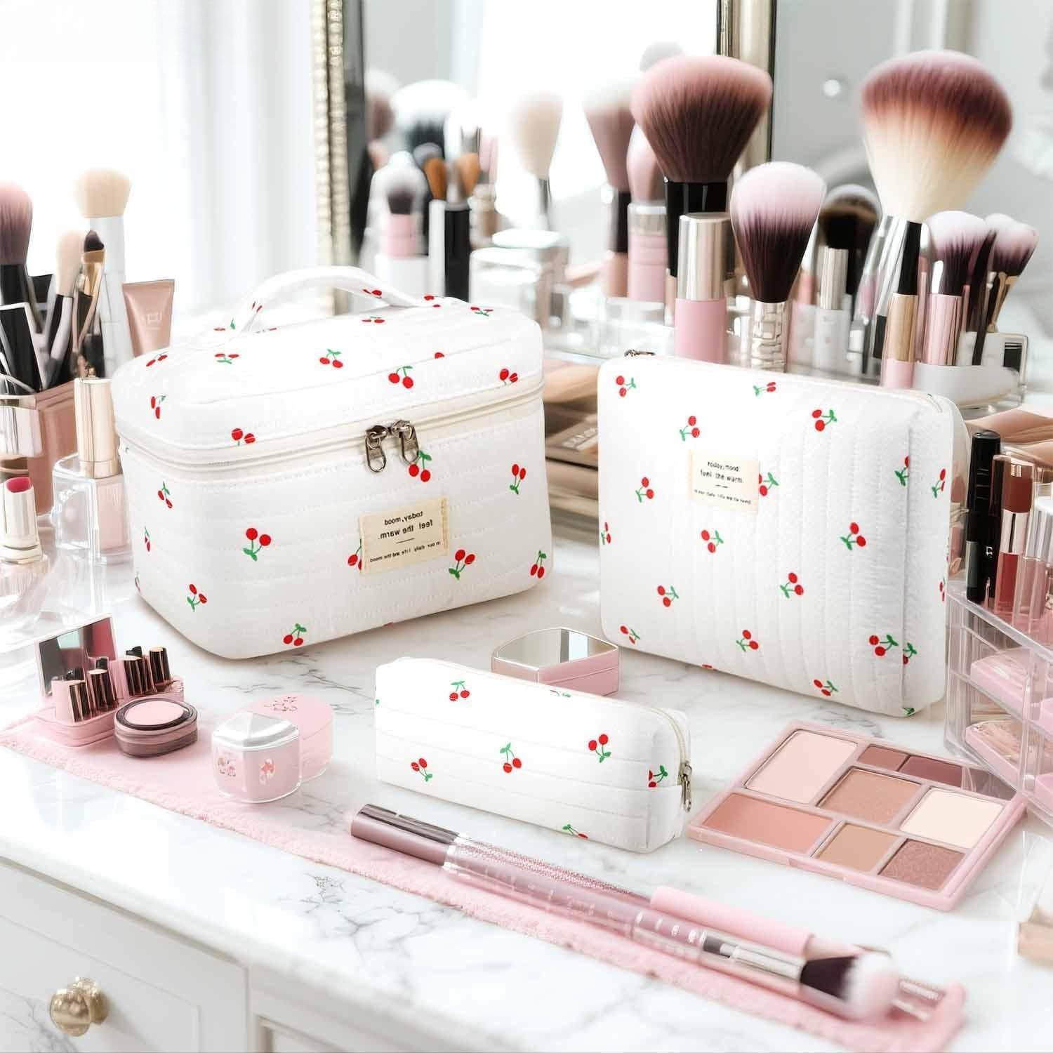 Floral Pattern Portable Floral Cotton Cosmetic Bag Set-Padded Double-Layer Protection for Travel