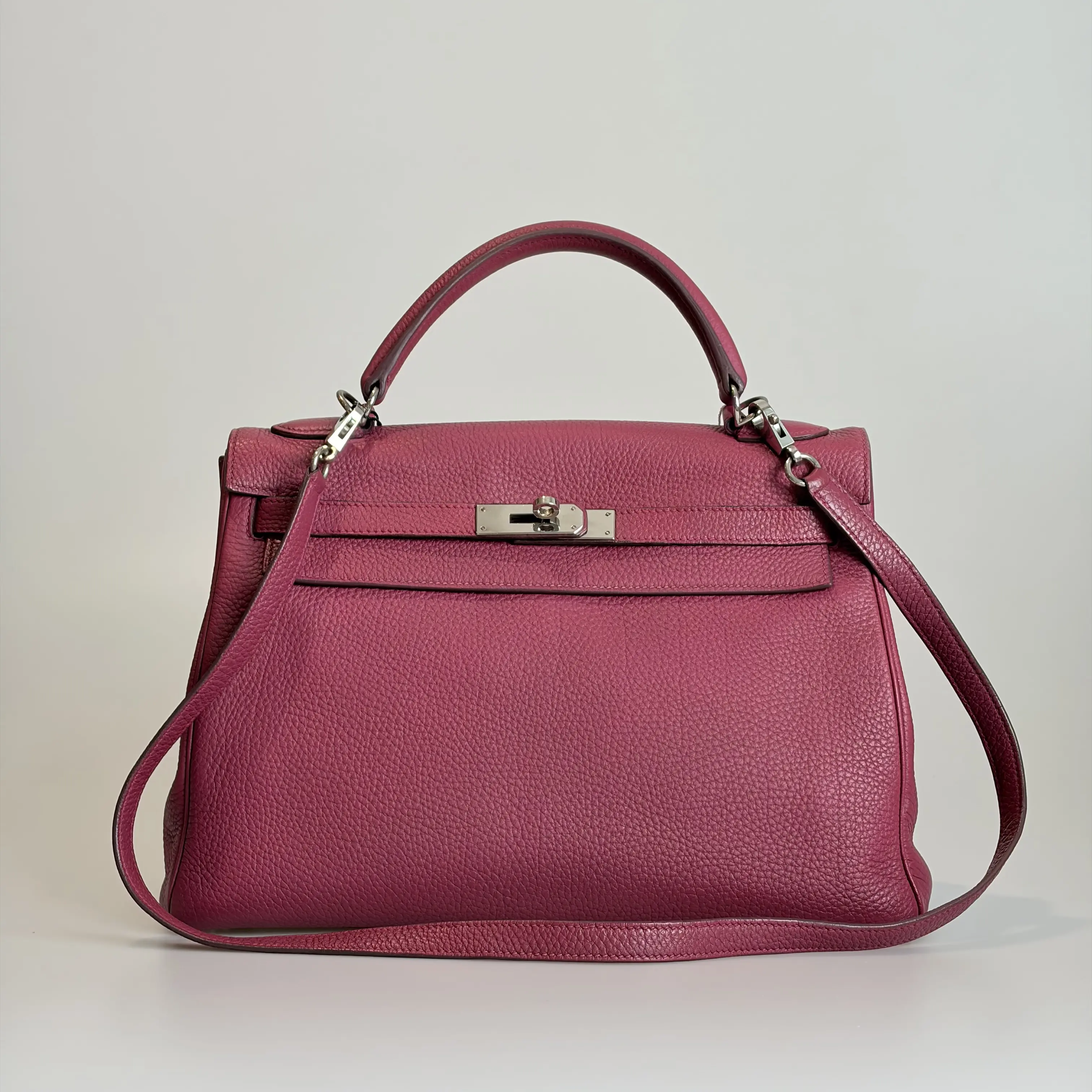 Pre-owned HERMÈS Togo Top Handle Bag Kelly 32 Rose Pourpre With Silver Hardware & Removable Strap 22405746 Sold As Is / Final Sale