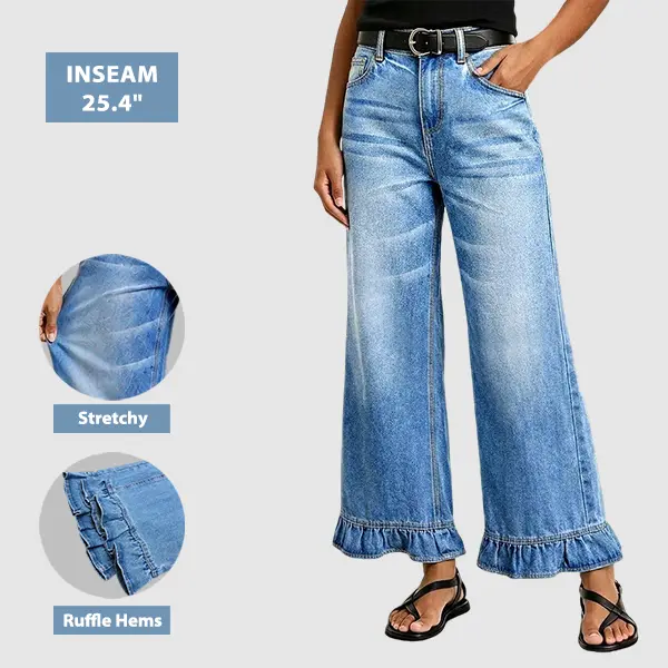 Flamingals Wash Ruffle Hem High Waist Wide Leg Crop Jeans Without Belt Stretchy 25.4'' Inseam