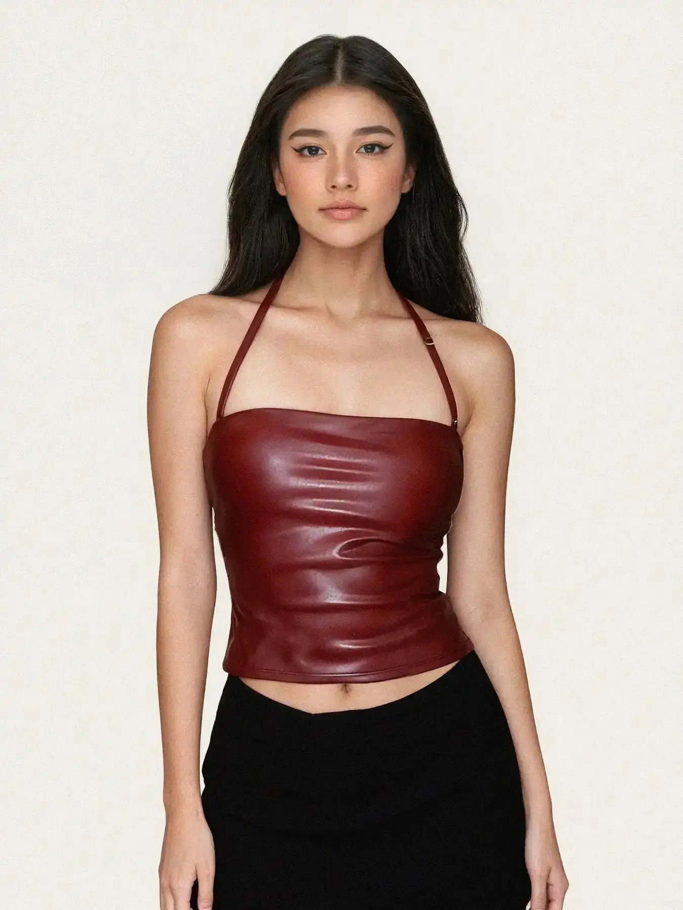 Sophisticated Solid Color PU Leather Casual Halter Neck Design Top, Slimming Waistband Backless Vest, Sleeveless Tank, Tops, Street Style Vintage Fashion for Daily Party Lady, effortless layering, chic everyday
