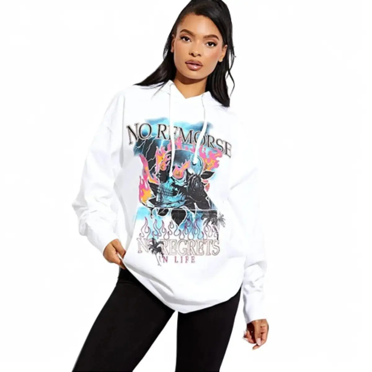 Lisa No Remorse Graphic Print Hoodie Womenswear. Casual Adjustable