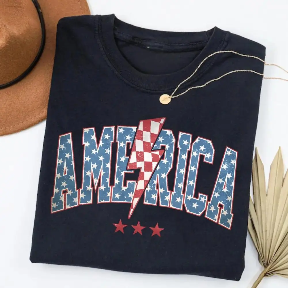 【100% cotton】 America, Retro, Lightening Bolt, USA, Patriotic, Independence Day, Fourth Of July, 4th Of July Tshirt, Women's, Patriotic, Independence Day, Fourth of July, 4th of July, America, USA Cotton Top for women, 4th of july,