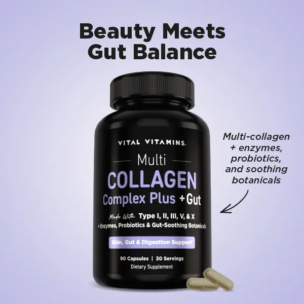 Vital Vitamins Multi Collagen Complex Plus + Gut - 5-Type Collagen with Enzymes, Probiotics & Gut Botanicals for Skin, Hair, Nails & Digestion Support - 90 Capsules