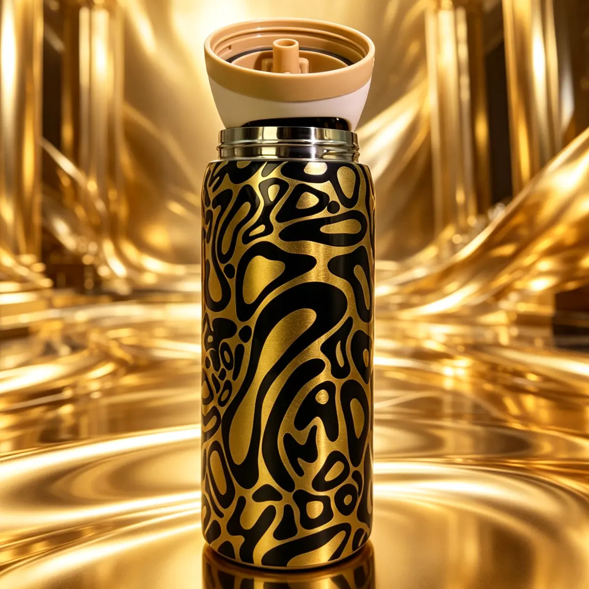 Ow-(Golden leopard print) Dual-Drink Outdoor Sports Water Bottle With Straw, 32oz/945ml, Perfect For Outdoor Camping/Cycling.Ideal For Travel, Office, Gym, And School Use- Portable Washable Reusable Stylish Bottled Tumbler Drinkware