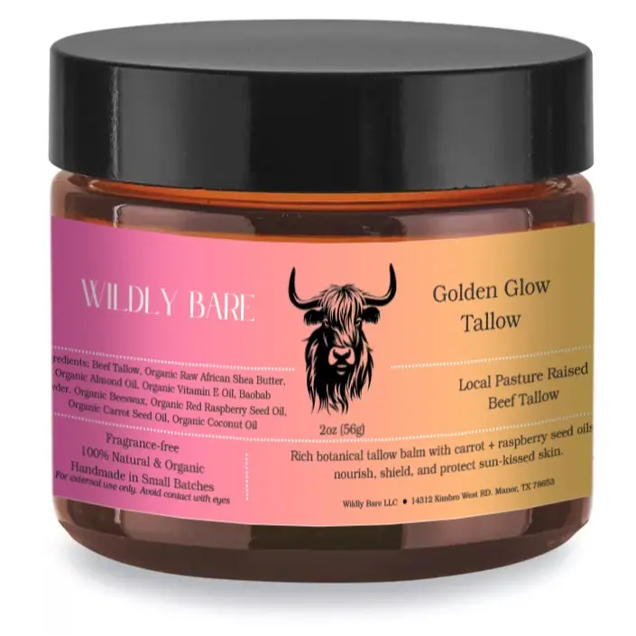 WILDLY BARE Golden Glow Tallow - Local Pasture Raised Beef Tallow, 2oz, 100% Natural & Organic Ingredients