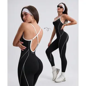Women's Colorblock U Neck Adjustable Strap High Elastic Yoga Jumpsuit, Sporty Sleeveless Fitness, All Season Comfortable Wear, Workout Jumpsuit, Tummy Control Jumpsuit, Sporty Comfy Jumpsuit