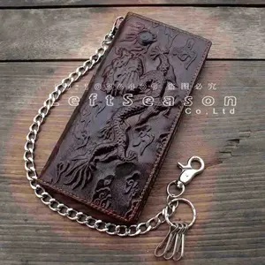 Vintage Biker Trucker Chain Leather Wallet With Dragon Tatto For Mens Boys