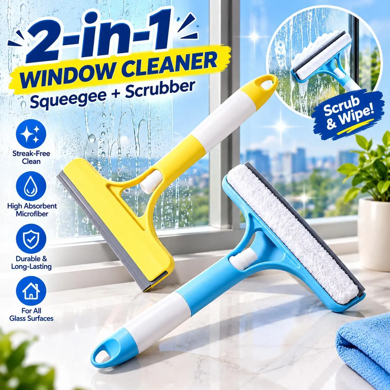 2 Pack Window Squeegee and Scrubber Set 2-in-1 Window Cleaning Tools with Microfiber Scrubber and Rubber Blade Glass Cleaner for Windows Mirrors Shower Doors and Home Cleaning