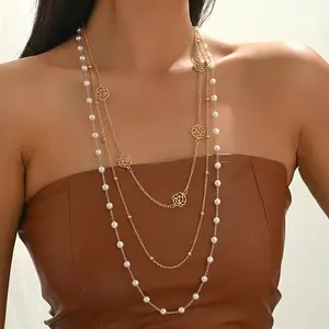 Rose Gold Plated Layered Pearl Station Chain Necklace for Women, 3 Tier Long Pearl Beaded Necklace with Hollow Rose Flower Charms, Elegant Boho Statement Jewelry, Adjustable Sweater Chain for Daily & Party