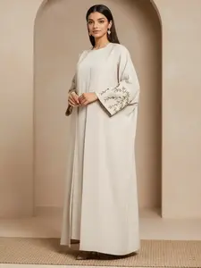 Women's Floral Embroidery Batwing Sleeve Open Front Abaya without Hijab, Floral Embellished Abaya, Modest Long Sleeve Maxi Abaya, Ladies Islamic Clothing for All Seasons, Abayas for Eid