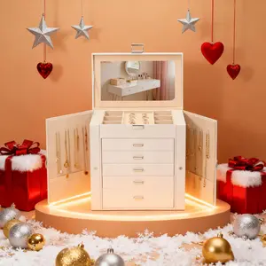 BOOVO Jewelry Box For women, 6 Layer Large Jewelry Organizer With Mirror, Multi-Function Storage Box With Lock, Necklace Holder With 5 Drawers, For Earrings Necklace Bracelet