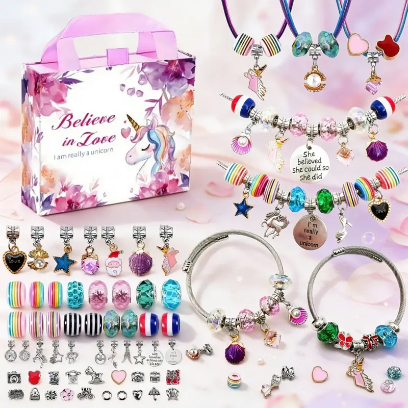 60Pcs Purple Pink Unicorn DIY Charm Bracelet Jewelry Making Kit Acrylic Beads Mix Heart Charm Decor Bracelet Necklace Accessories Women's Pendants & Beading Supplies Unique Gift Box Included Valentine's Day Gift for Girlfriend Mothers Day Gift Ideas