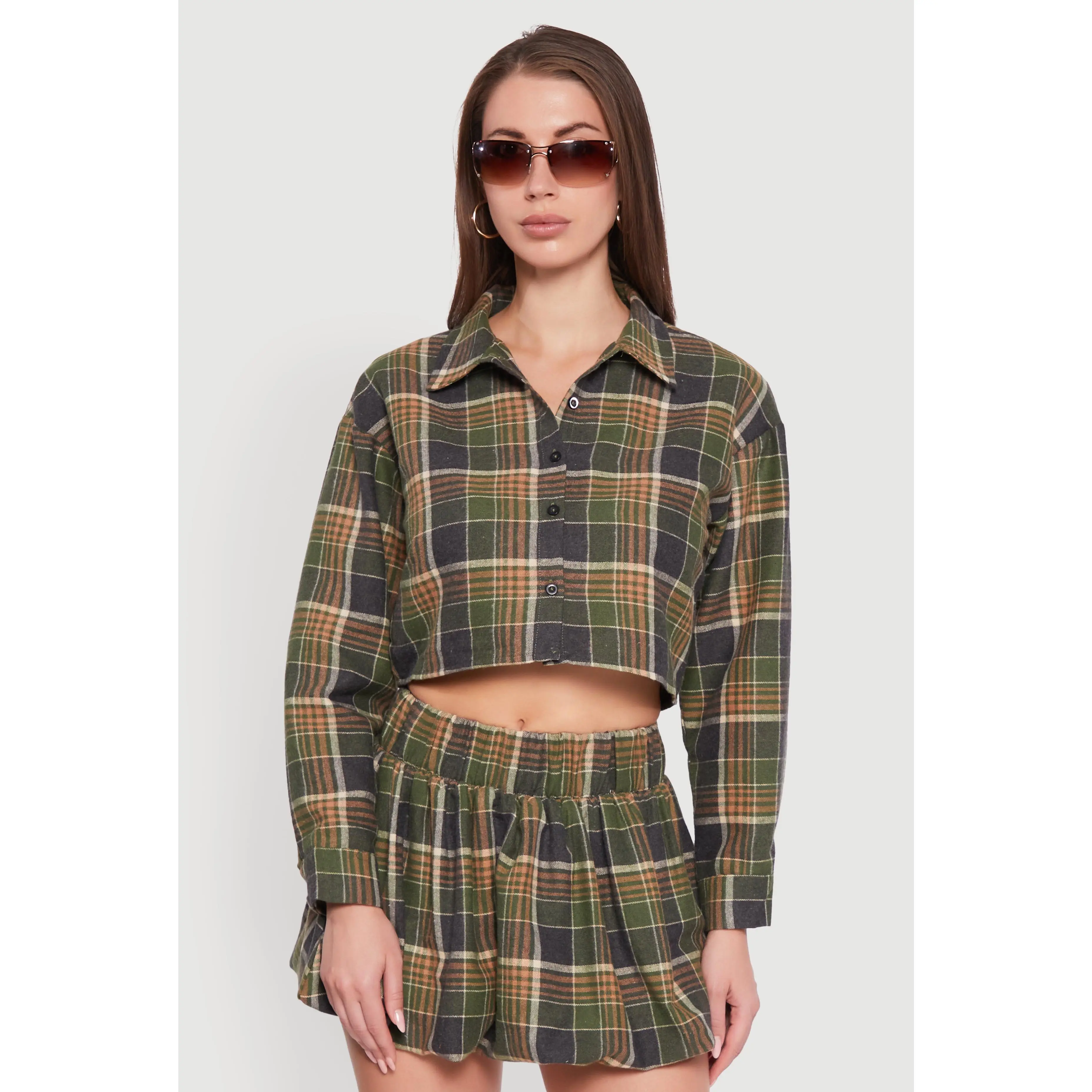 Plaid Flannel Cropped Long Sleeve Shirt