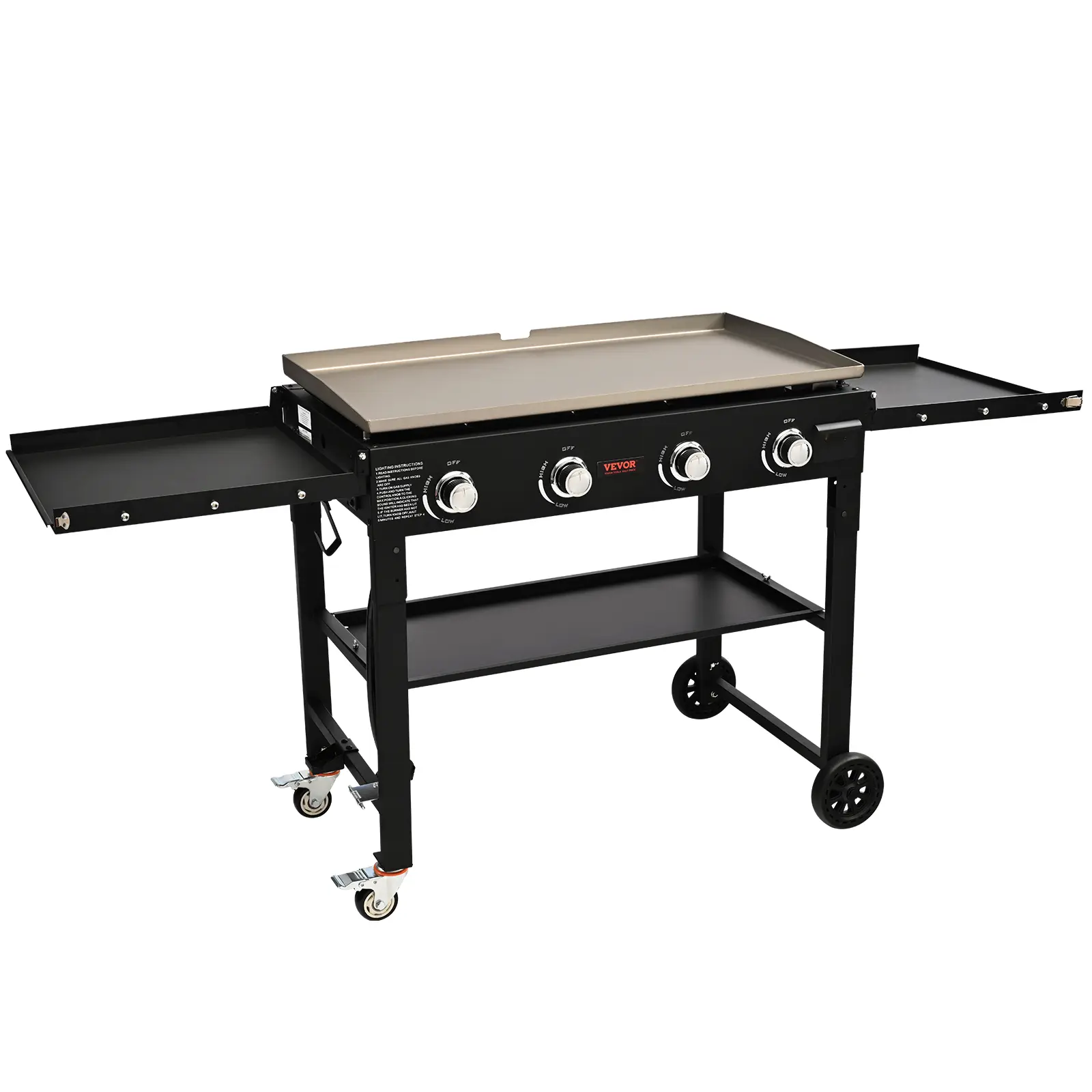 【summerfinds】VEVOR Commercial Griddle on Cart, 36" Heavy Duty Manual Flat Top Griddle, Outdoor Cooking Station with Side Shelves, Steel Natural Gas Griddle, 4-Burners Restaurant Portable Tested toStandards