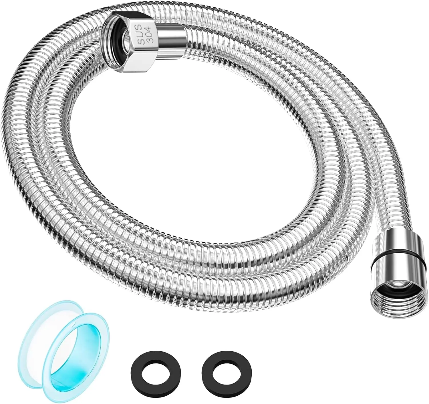 59-in 304 Stainless Steel Metallic Handheld Shower Hose, 360° Swivel Adult Bathing Extension/Replacement, Flexible Durable, G1/2 Size Universal Conical & Hex Connectors