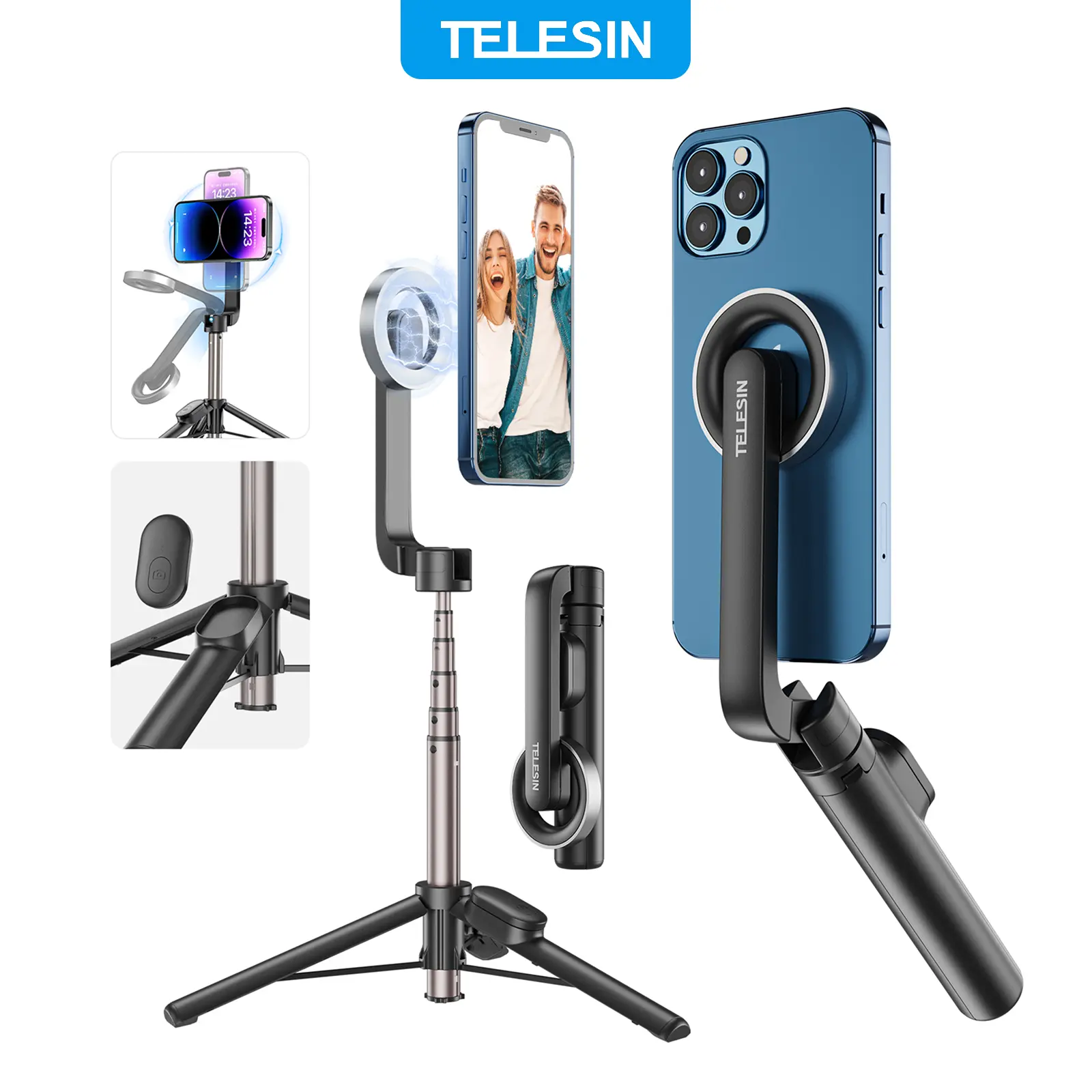 TELESIN Mini Magnetic Selfie Stick Tripod with Bluetooth Remote Control, 27" Extendable Phone Stand Tripod for Magsafe for iPhone 17 16 15 14 13 12 Pro Max Series, All Android Phones with Magnetic Functionality