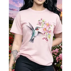 100% cotton elegant bird and flower pattern printed T-shirt, short-sleeved round-neck casual top for summer and spring, women's clothing, suitable for travel and vacation, soft and comfortable, light and breathable, suitable for spring, summer, and autumn