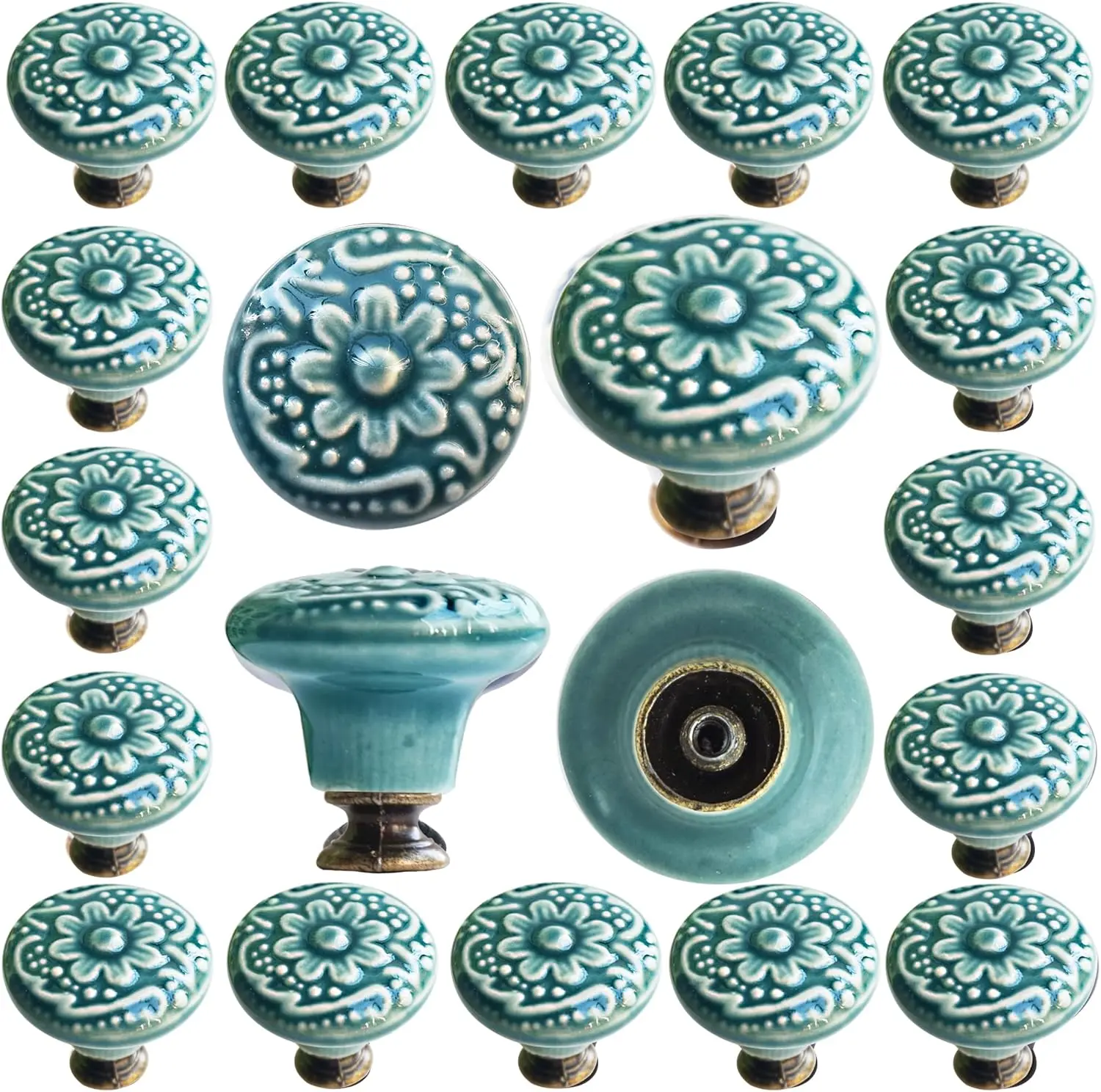 20-Pack Round Vintage Ceramic Cabinet Knobs - 1.4in/30mm Height, Zinc-Alloy Hardware, 25mm/35mm Screws, Smooth Grip, Excellent Decorative Door Knobs for Indoor Kitchen Cabinets Drawers, Floral Home Furniture Decor