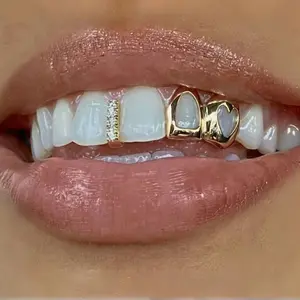 Hollow heart-shaped two-tone braces for daily street wear, cool shiny gold teeth, hip-hop versatile accessory Stainless Steel Cuban Link Necklace Large Pearl Saturn Water Drop Choker Pendant Surgical Stud Earrings Set Plated Round Fashion Gift