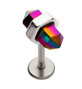 Blue Rainbow Aurora Crystal Stainless Steel Internally Threaded Labret