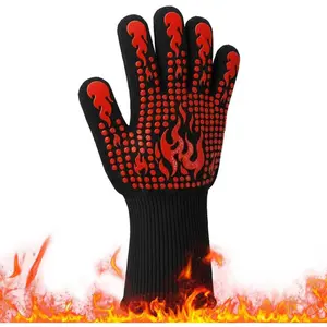 Extra Long BBQ Gloves, 1472°F Extreme Heat Resistant Silicone Grilling Gloves, Non-Slip 5-Finger Oven Mitts for Smoking, Cooking, Baking, Campfire