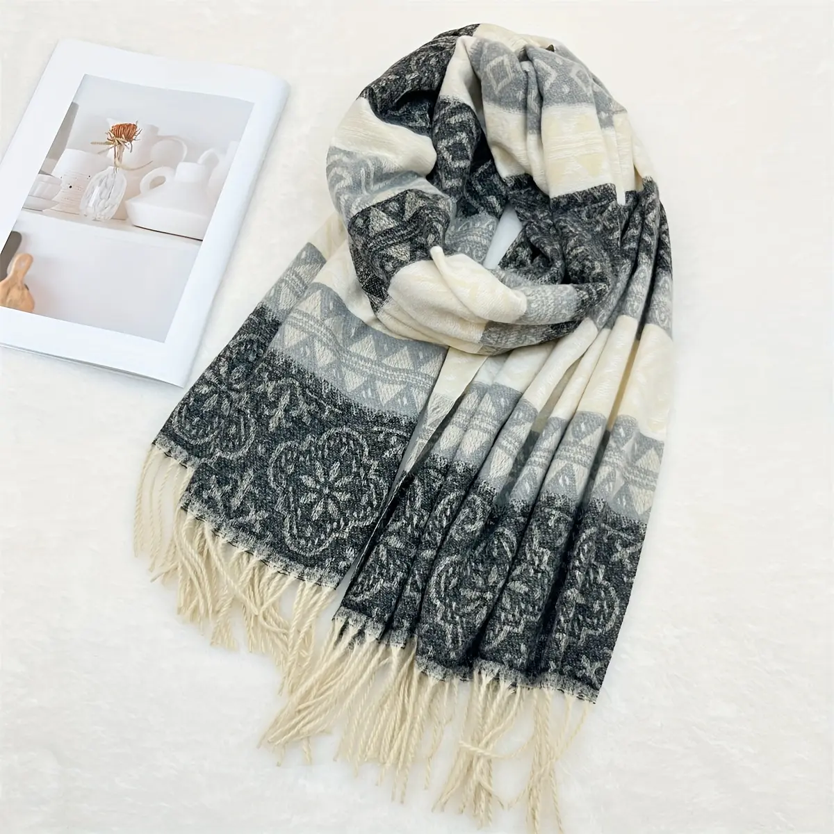 Women's 1pc 100% Cashmere Woven Striped Shawl - Mature, Elegant, Breathable, Warm, Windproof, Non-Stretch, Thick Large Classic Scarves & Shawls for Autumn-Winter Outings, Female