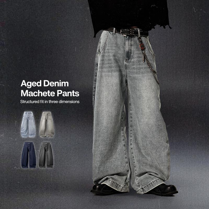 Inflation Baggy Washed Streetwear Wide-Leg Curved Blade Denim Pants Spring Summer New American Style Loose Fit Cargo Jeans Men's Casual Beige Plain Trousers with Pockets Pull On Valentine's Day