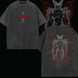 Saitama x Garou One Punch Man Anime Vintage Washed Oversized Tee Overpowered Hero Cosmic Power Streetwear