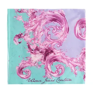 Versace Jeans Couture Printed Silk Scarf One Size - Vibrant Pink Baroque Swirls on Aqua & Lilac - Lightweight Statement Accessory for All Seasons