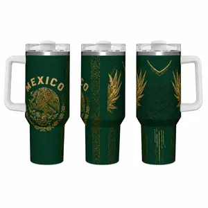 40oz Portable Insulated Stainless Steel Water Bottle with Handle, Mexico National Eagle Coat of Arms & Aztec Sun Calendar Tribal Full-Wrap Gold Print, Double-Wall Vacuum Temp Control, Spill-Proof Lid, Car Cup Holder Fit, Water Bottles