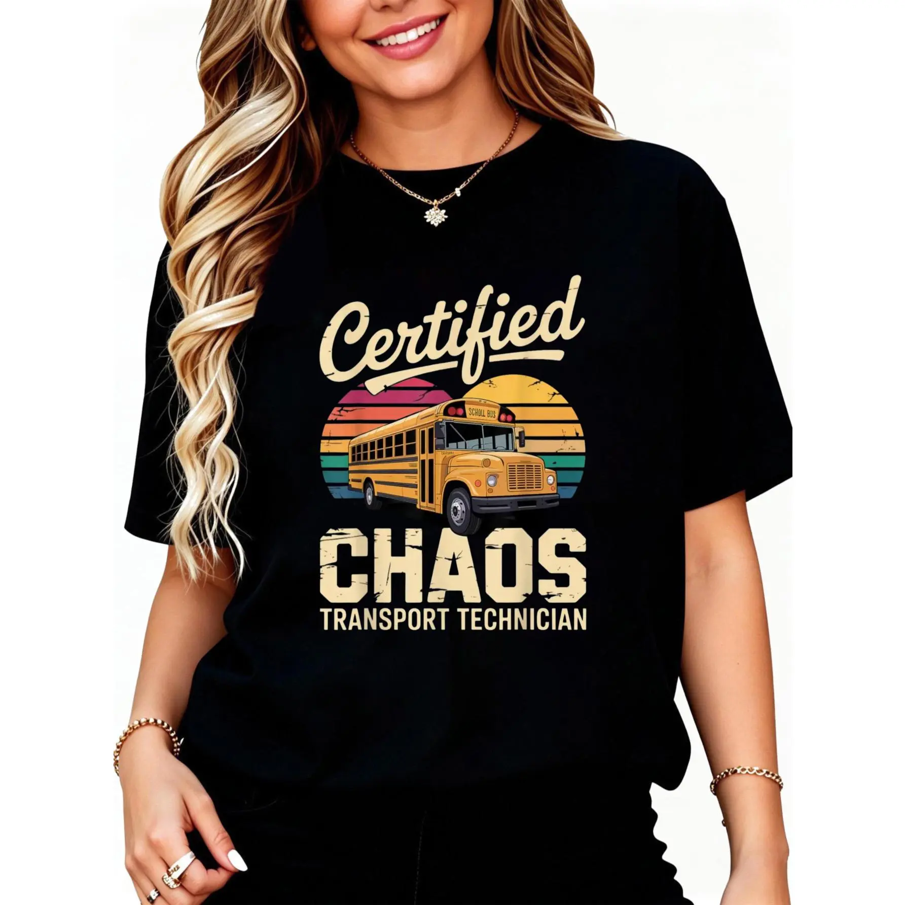 Women's Cotton Casual Short-Sleeve Distressed Graphic T-Shirt - School Bus Driver Art Design, Shortsleeve, Round Neck