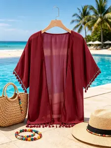 Vintage Wine Bohemian Fringe Cardigan, Lightweight Chiffon Loose Fit Sun Protection Top, Casual Vacation Beach Outerwear