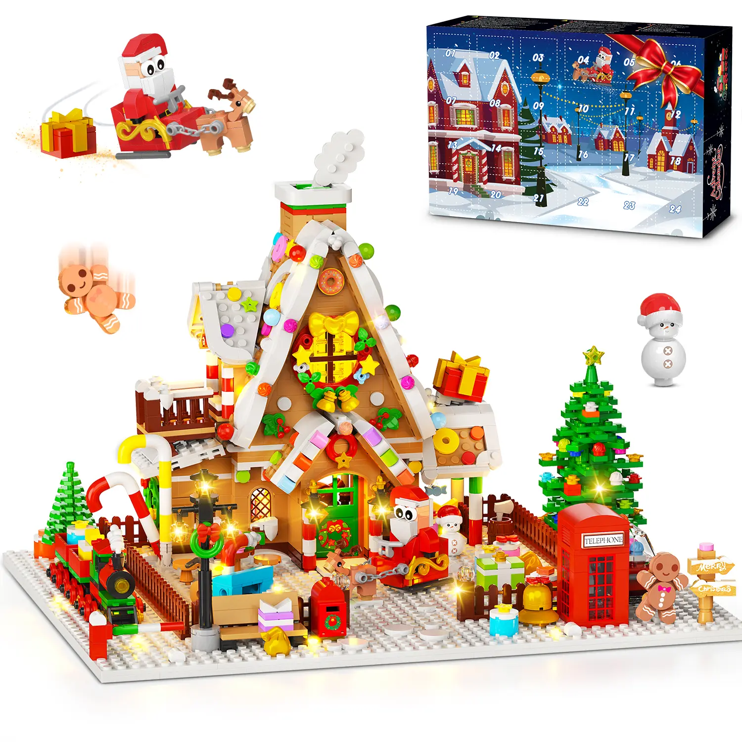 INSOON 2026 Gingerbread House Building Set with Lights, 24 Days Christmas Countdown Mini Building Block Kit with Xmas Tree Train, Toy for Adults Girls Boys