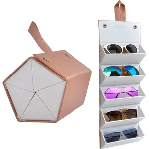 Sunglasses Storage Organizer Holder Foldable Travel Case with 5 Slot Compartments for Multiple Glasses (Brown)