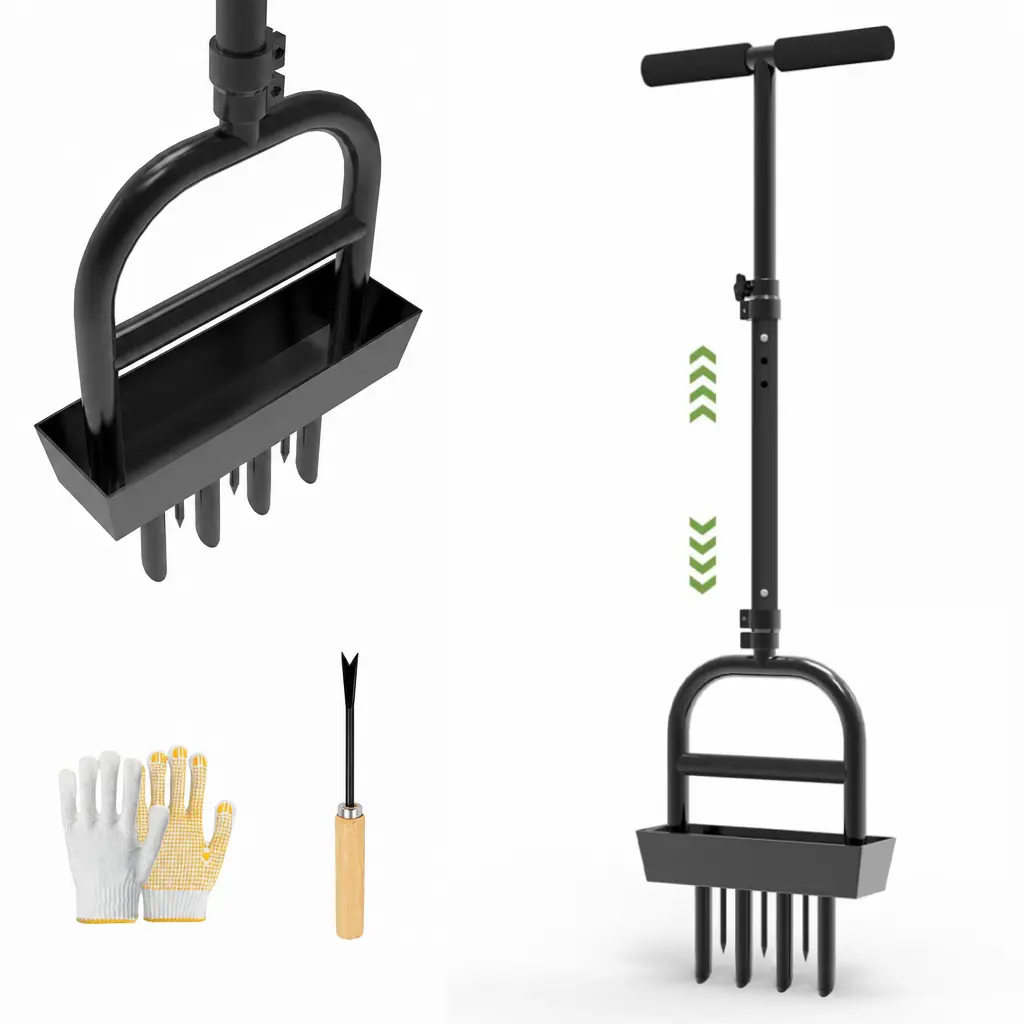 Manual Grass Lawn Tool, 37-41 Inch Alloy Steel 4+3 Dual-Action Hollow Core & Spike Tines Tool with Soil Collection Tray, Cleaning Stick for Combating Soil Compaction Manual Lawn Aerator with Slots Manual Grass Core Aerator with Spikes