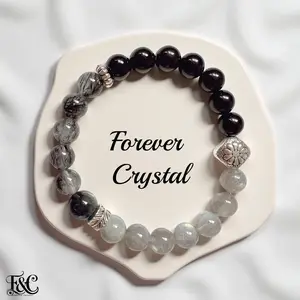 Obsidian, Gray Moonstone & Black Rutilated Quartz Bracelet | 4A Grade Aquamarine Center | Energy Protection Clarity
