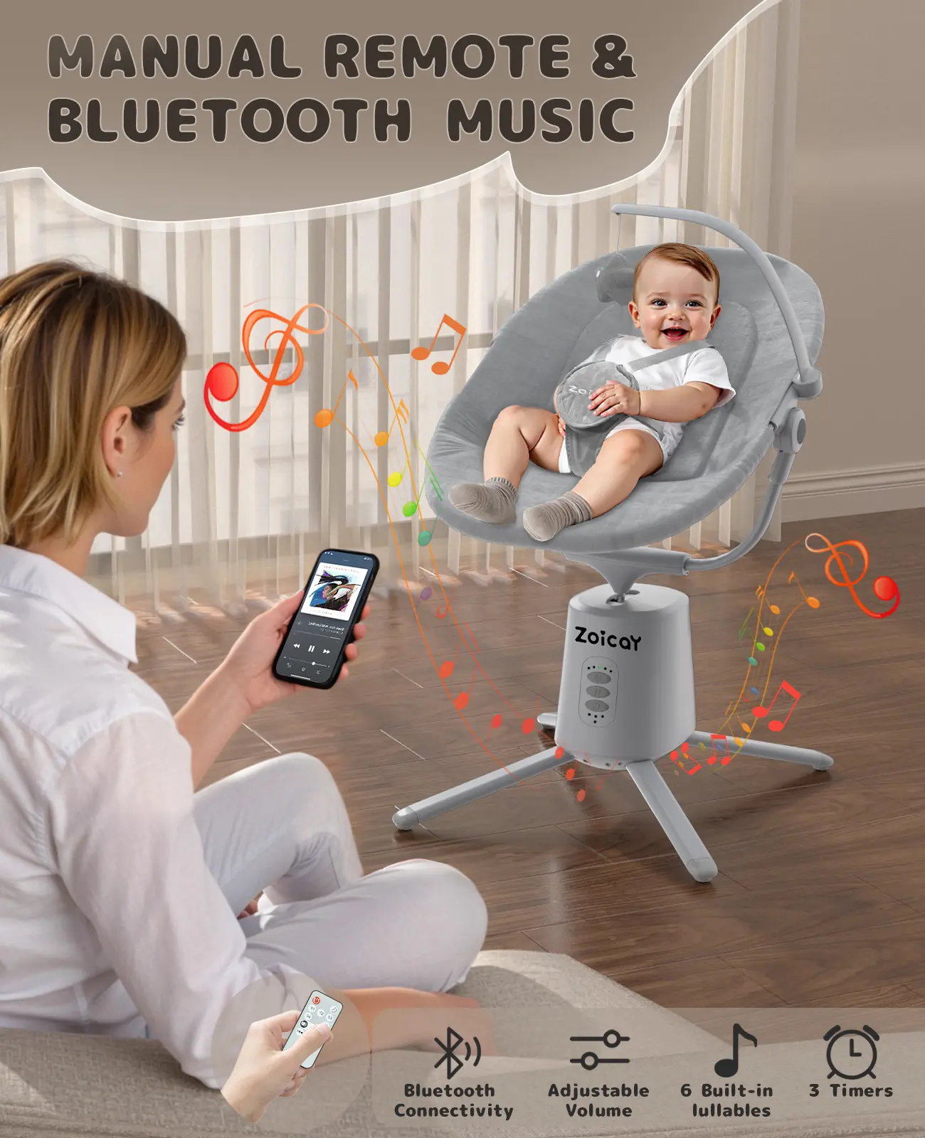 ZOICAY Aurora Electric Baby Swing - Modern Plain Unisex Infant Rocker with Adjustable Seat, Multi-Modes, 5 Speeds, Bluetooth App, Remote, Timer, Polyester Baby Item
