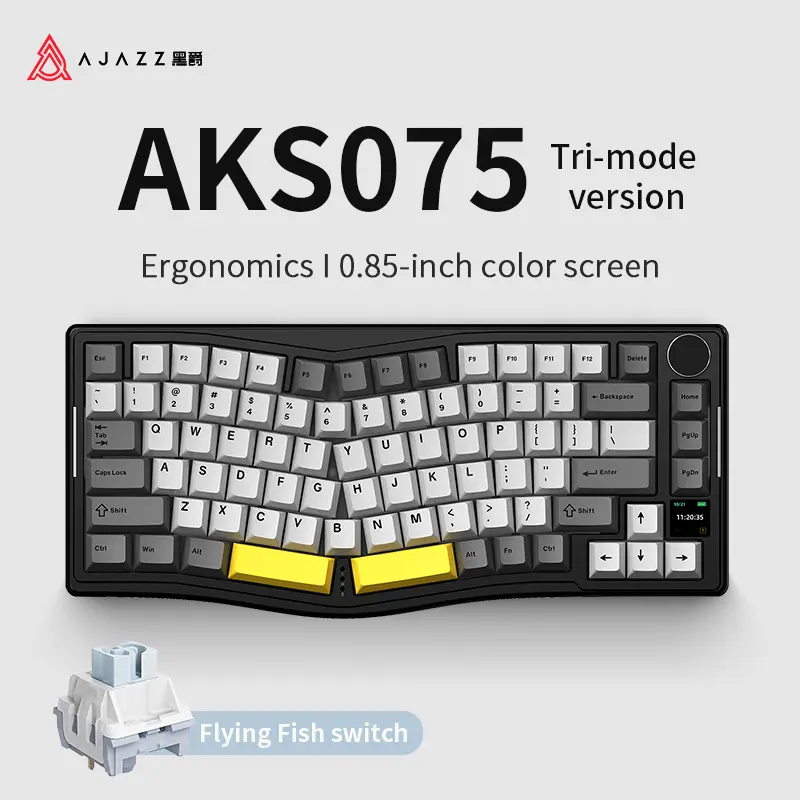 AJAZZ AKS075 Tri-Mode Mechanical Gaming Keyboard - Tri-Mode Version, 5000mAh Battery, RGB Lighting, Full Hot-Swappable Keys, Volume Control Knob, TFT Color Display, 5-Layer Cushioning Structure, Customizable Display Keys, Custom Keyboard Setup, Gaming Pc