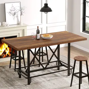 Tribesigns Dining Table for 6 People, Rustic Brown Industrial Rectangular Kitchen Table with Heavy Duty Metal Legs and Metal Footrest Furniture Home
