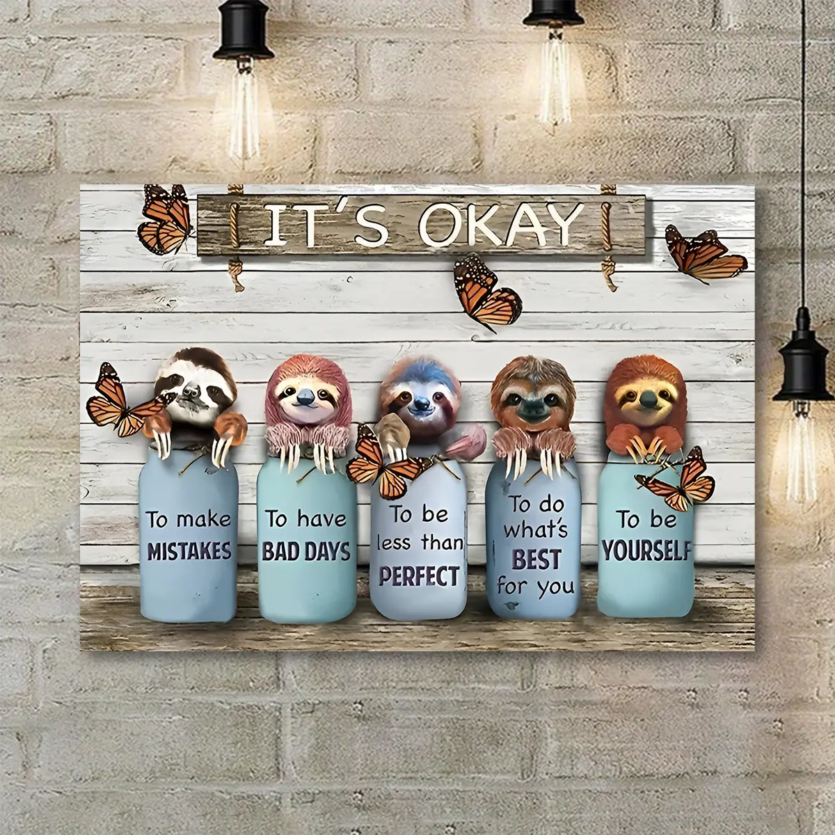 [1pc Inspirational Sloth Canvas Art] 1pc COCBONI Inspirational Sloth Canvas Wall Art - "It's Okay" Motivational Quotes, Unframed Poster for Home & Office Decor, Perfect for Bedroom, Living Room, Cafe, Bar - Rustic Wooden Plank Background, Preppy Room Deco