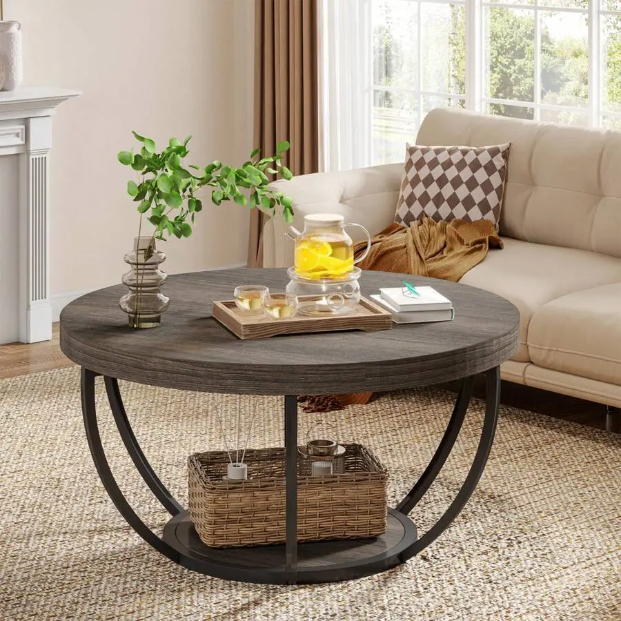 Industrial-Style 2-Level Circular Standing Desk with Storage Shelves, 31.5" x 31.5" Wood-Grain Computer Desk, 18.11" x 18.11" Mobile Table with Wheels for Living Room Home Office Decor Furniture