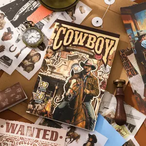 Western Cowboy Series Retro Sticker Book Scrapbooking, 50 Sheets Per Book, Hand Account Stationery Water Bottle Multi-Scene Decoration Stickers