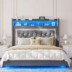 Raybee 54.5" Tall  Luxury Queen Size Bed Frame with Dual LED Lights & Charging Station, 【No Mattress】Princess Upholdstered Floating Platform Bed Frame with Tall headboard & Storage Shelf, 900 Capacity with Metal Slats No Noise